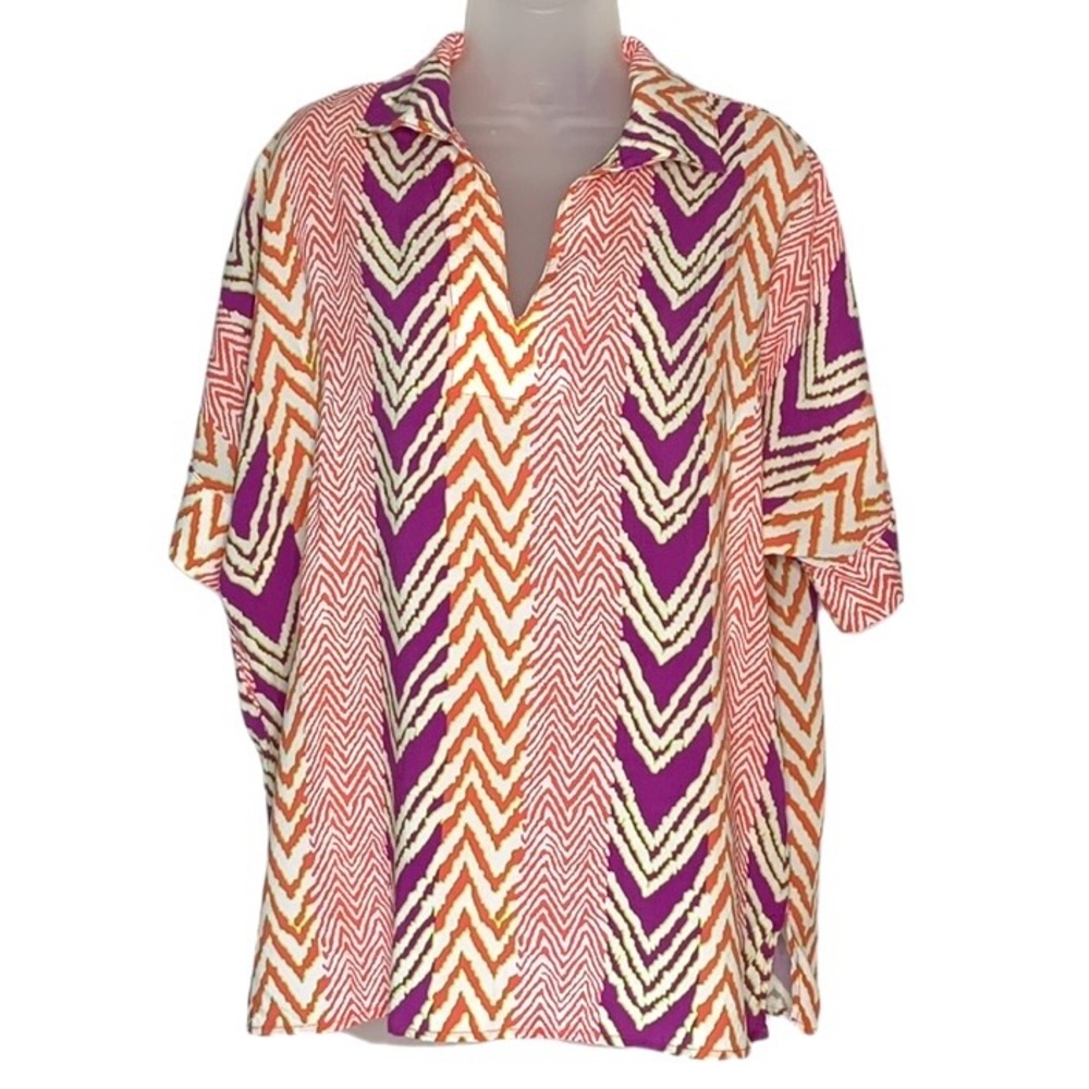 N NATORI‎ Womens Size S Orange & Purple Geometric Print Popover Top Blouse